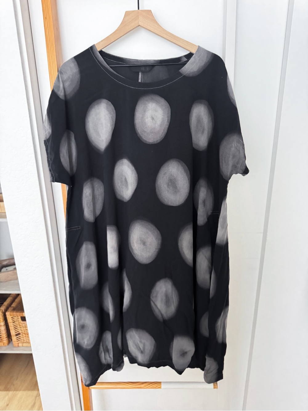 Moyuru Japan Black Gray Polka Dot Oversized Tunic Dress L Short Sleeve